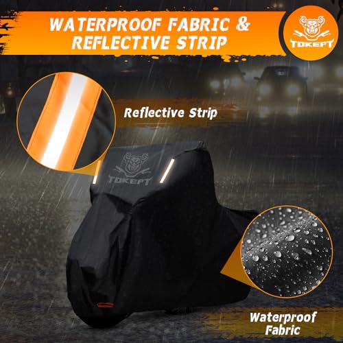 Motorcycle Cover, All Season Waterproof Outdoor Protection with Lock-Holes, Night Reflective & Storage Bag, Fits up to 104" Cruisers, Touring, Dirt Bikes (Black) - size: XXL-104"