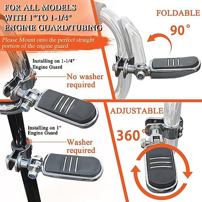 FOVPLUE 1",1.25"Highway Footpegs, Adjustable Highway Peg w/Clamp for Harley Touring Softail Dyna Sportster models w/25mm-32mm Engine Guard/Tubing, CHROME#3 - color: Chrome For Streamliner Style
