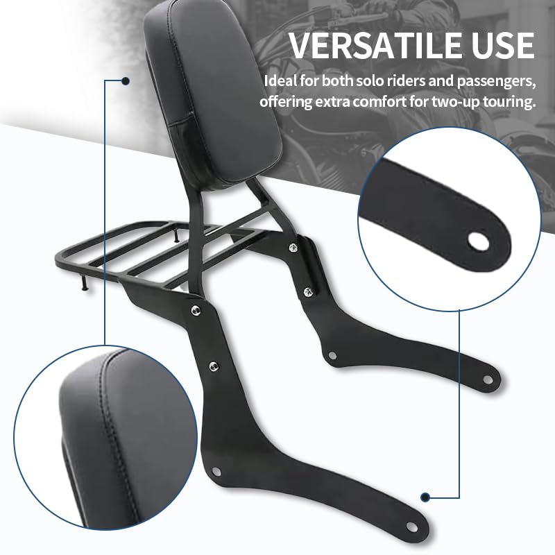 Comfortable Leather Backrest Sissy Bar + Luggage Rack Pad Compatible With Kawasaki Vulcan 900 VN900 1996-2018 (Chrome) (Black) - size: Black