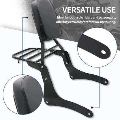 Comfortable Leather Backrest Sissy Bar + Luggage Rack Pad Compatible With Kawasaki Vulcan 900 VN900 1996-2018 (Chrome) (Black) - size: Black
