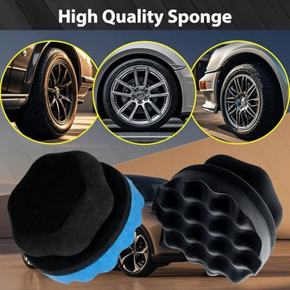4 Pcs Large Tire Shine Applicator, Reusable Tire Dressing Applicator Wave Contoured, Tire Sponge Pads for Car Detailing Cleaning, 4.33 inch (2 Blue &2 Black) - size: 4.33inch-2 Black & 2Blue