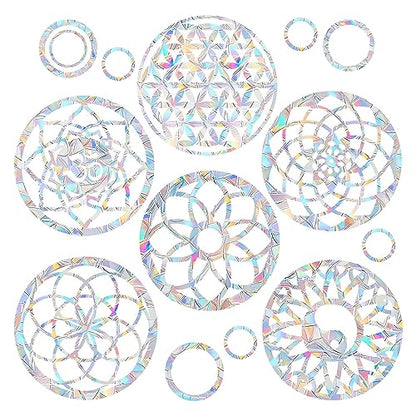 18PCS Mandala Window Clings Anti-Collision Decals to Save Birds from Collisions,Non Adhesive Prismatic Vinyl Window Clings Rainbow Stickers - color: Mandala