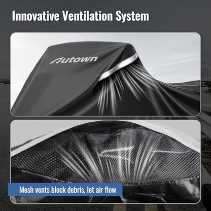 AUTOWN Motorcycle Cover Waterproof Outdoor, 420D Heavy Duty Bike Cover, Windproof & Waterproof with Reflective Strips and Air Vents, Fits Motorcycles & Scooters up to 96.5", Black & Gray - size: XL: 96.5"