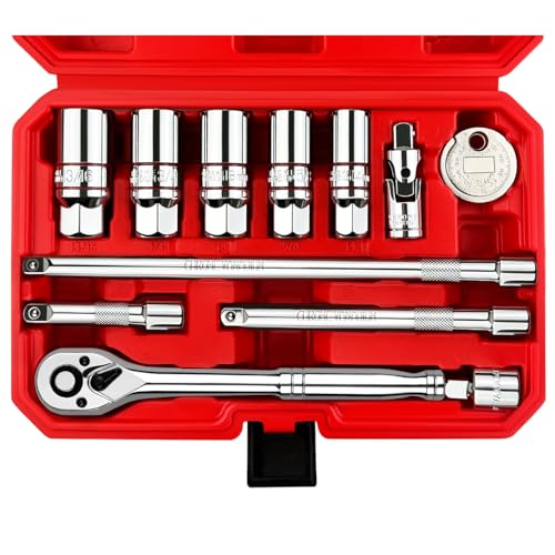 WETT 12Pcs Spark Plug Socket Set, 3/8" Drive Ratchet Handle with Mirror Polished Sockets, Spark Plug Gapper, Universal Joint and Extension Bar, Spark Plug Removal Tool with Rubber Retaining Ring