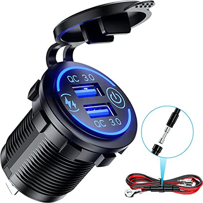 KEWIG Quick Charge 3.0 Dual USB Charger Socket Waterproof 36W 12V 24V USB Outlet Fast Charge with Touch Switch & Blue LED DIY Kit for Car Boat Marine ATV Bus Truck Golf Cart and More