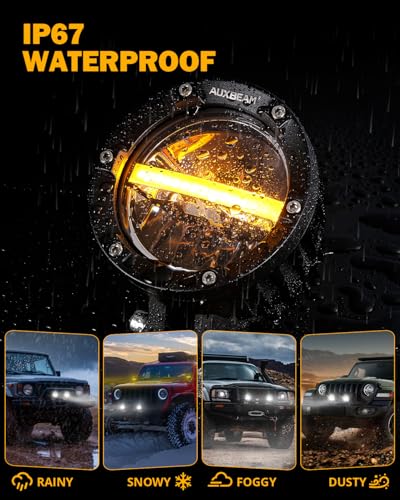 Auxbeam 4 Inch 110W Round Offroad Lights, Amber DRL Design 11000LM LED Light Pods, Super Bright 7035 SMD LED Work Driving Fog Light with DT Wiring Harness Kit for Truck Jeep Pickup SUV ATV UTV, 2 PCS - color: C4 Series-White Beam with DRL