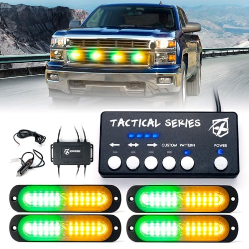 Xprite Amber Green LED Surface Mount Strobe Lights Kit, w/Control Panel Emergency Safety Warning Flashing Grille Cop Marker Light Assembly for Vehicles Trucks ATV UTV Motorcycle 4PCS - color: Amber Green, size: 4PCS