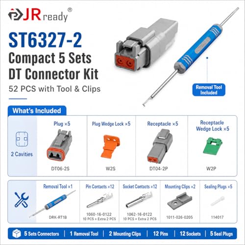 JRready ST6327-2 Deutsch 2 Pin DT Connector Kit 5 Sets, with Pin Removal Tool and Mounting Clips, Size 16 Stamped Contacts 14-18 AWG, for Car, Truck, Motorcycle, Off-Road Vehicles, Marine. - size: 2-Pin (5 Pairs)