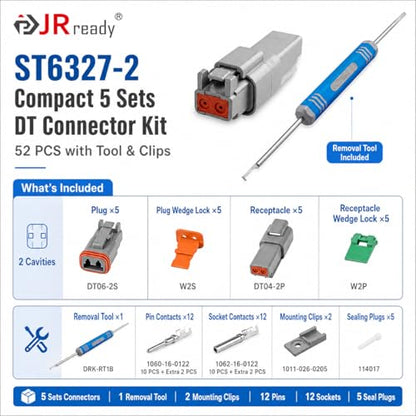JRready ST6327-2 Deutsch 2 Pin DT Connector Kit 5 Sets, with Pin Removal Tool and Mounting Clips, Size 16 Stamped Contacts 14-18 AWG, for Car, Truck, Motorcycle, Off-Road Vehicles, Marine. - size: 2-Pin (5 Pairs)
