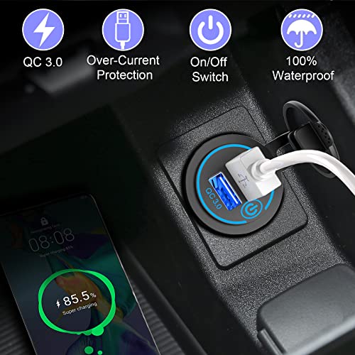QC3.0 Dual USB 12V DC Outlet with Touch Switch: 12 Volt Marine Socket Golf Cart USB Port Car Charger Waterproof Power Adapter Cigarette Lighter Mount Fast Charge for Boat Motorcycle ATV RV