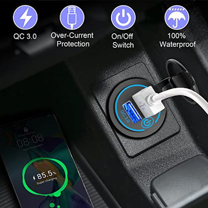 QC3.0 Dual USB 12V DC Outlet with Touch Switch: 12 Volt Marine Socket Golf Cart USB Port Car Charger Waterproof Power Adapter Cigarette Lighter Mount Fast Charge for Boat Motorcycle ATV RV