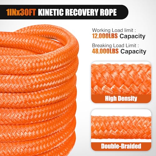 Nilight Kinetic Recovery Tow Rope Kit with 3/4" Anti-Theft D-Ring Shackles 1" x 30ft Heavy Duty Offroad Tow Rope Snatch Strap Towing Strap kit 48,000LBS for UTV ATV SUV Truck Car Jeep Tractor - color: 1in x 30ft Rope+2Pcs Anti-Theft D-Ring Shackles
