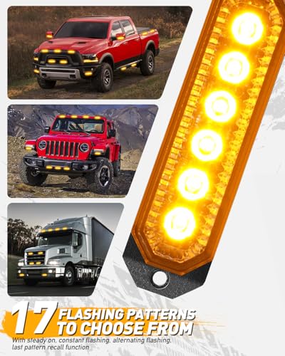HLauto 406T Emergency Strobe Grille Lights: 4Pcs 6 LED Sync Feature Safety Warning Flashing Light, 12V-24V Ultra Slim Surface Mount Hazard Caution Light for Truck, Vehicle, Car, ATV, UTV (Amber) - color: Amber