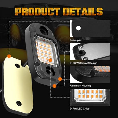 4 Pods Yellow LED Rock Light Waterproof Neon Trail Rig Lamp Underglow Lights for Car Truck Motorcycle SUV ATV UTV (Yellow) - color: Yellow