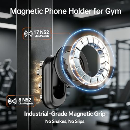 Magnetic Phone Holder for Gym, Zinc Alloy N52 Strong Magnet, Integrated Foldable Black Design, Compatible with MagSafe iPhone 17-12 & Android Phones, for Gym, Golf Cart, Car, Home & Office
