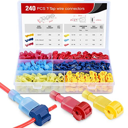 Nilight - 50031R 240 Pcs/120 Pairs Splice Wire Terminals T-Tap Self-Stripping with Nylon Fully Insulated Male Quick Disconnects Kit - size: 240Pcs 22-10AWG
