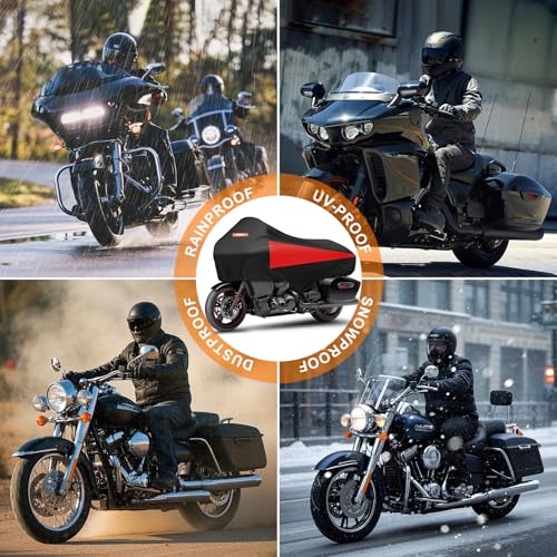 Motorcycle Half Cover with Elastic Hook and Reflective Strip Waterproof Dustproof Sunproof All-Day Protection Suitable for Touring Models Road King Street Glide Road Glide and More (Black&Red) - color: Black&Red