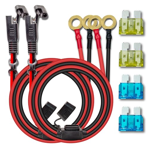 2 Pcs 10AWG 2FT Charger Cable, SAE to O Ring Terminal Quick Disconnect Harness, 2 Pin SAE Connector Extension Cables Cord with 15& 20A Fuse for Car, Motorcycle, Solar Panel - color: 10awg2ft*2