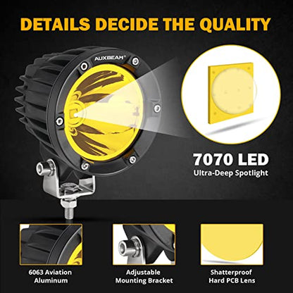 Auxbeam 4 Inch 72W Amber Fog Lights, 2PCS 7200LM LED Round Offroad Light Pods, Yellow Spot Beam Driving Off Road Work Light Bar with Wiring Harness Kit for Jeep Vehicle Pickup Trucks ATV UTV SUV - color: C4 Series-Yellow Spot Beam