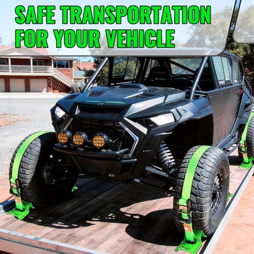 Wheel Chock Tie Down Straps kit for Trailers, E-Track Heavy-Duty Wheel Tie-Down Set for Lawn UTV ATVs, SUV,Mowers and Tractors – 4500 lbs Break Strength, 4-Pack 2in x 8ft,Green - color: Green, 4 Pack