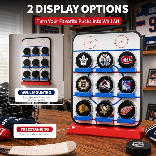Hockey Puck Display Case，9 Acrylic Clear Box Holder with Wooden Base Ice Hockey Rink Designed , Showcase for Autographed Memorabilia - size: 16.5ln×12.2ln×2.7ln