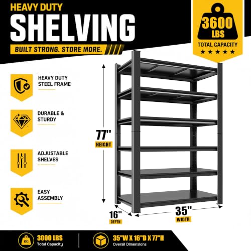 Heavy Duty Garage Shelving, 6-Tier Garage Storage Shelves, Adjustable Metal Shelving Unit, Tall Steel Storage Rack for Garage Pantry Warehouse, Black, 35" W x 16" D x 77" H - size: 6TIER-35"W X 16"D X 77"H