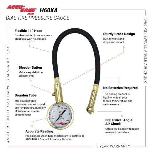 Accu-Gage by Milton Dial Tire Pressure Gauge with Swivel Angle Air Chuck and 11 in. Braided Hose - ANSI Certified for Motorcycle/Car/Truck Tires (0-60 PSI)