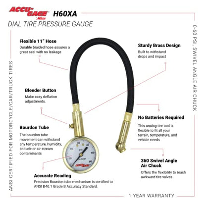 Accu-Gage by Milton Dial Tire Pressure Gauge with Swivel Angle Air Chuck and 11 in. Braided Hose - ANSI Certified for Motorcycle/Car/Truck Tires (0-60 PSI)