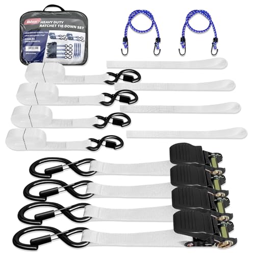 Heavy Duty 1" x 15' Ratchet Straps (4 Pack) - 2200 lb Break Strength with Soft Loops & Coated S-Hooks for Truck, Trailer, Motorcycle, ATV, UTV, Boat, Car Accessories (White) - color: White
