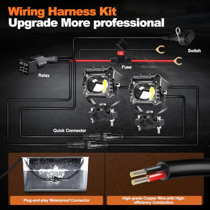 LEDMIRCY Motorcycle Auxiliary Lights, LED Fog Light 2PCS with Switch Wiring Harness Kit Motorcycle Driving Spot Lights IP68 Waterproof and Shockproof Suitable for Off-Road,ATV,Snowmobile,etc