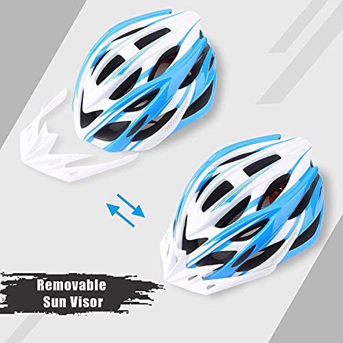 Bike Helmet Men Women, Shinmax Bicycle Helmet with Rear Light and Detachable Visor - color: Blue/White, size: Large (57-62 cm)