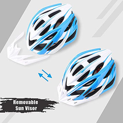 Bike Helmet Men Women, Shinmax Bicycle Helmet with Rear Light and Detachable Visor - color: Blue/White, size: Large (57-62 cm)