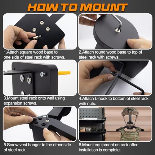 Tactical Gear Wall Mount Stand - Motorcycle Helmet Holder Display Stand with Hooks, Solid Wood Airsoft Plate Carrier Rack for Police, Football and Cycling Suit - color: Black