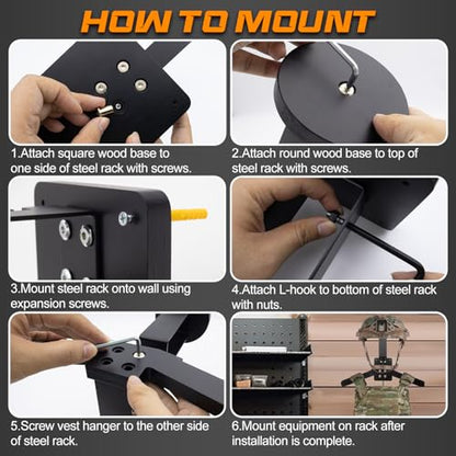 Tactical Gear Wall Mount Stand - Motorcycle Helmet Holder Display Stand with Hooks, Solid Wood Airsoft Plate Carrier Rack for Police, Football and Cycling Suit - color: Black