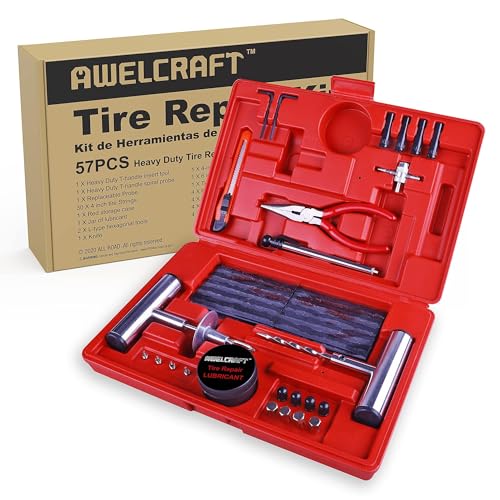 AWELCRAFT 57-Piece Heavy Duty Tire Repair Kit – Flat Tire Plug Kit with T-Handle Tools, Storage Case – Universal for Truck, Car, Motorcycle, Jeep - size: 57 Piece Repair Kit