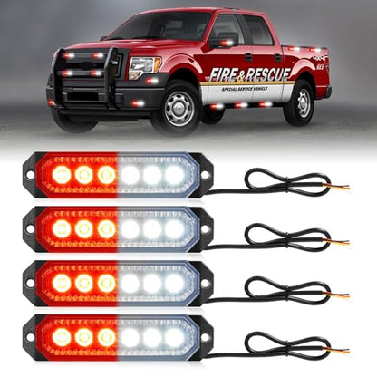 HLauto 406T Emergency Strobe Grille Lights: 4Pcs 6 LED Sync Feature Safety Warning Flashing Light, 12V-24V Ultra Slim Surface Mount Hazard Caution Light for Truck, Vehicle, Car, ATV, UTV (Red White) - color: Red/White