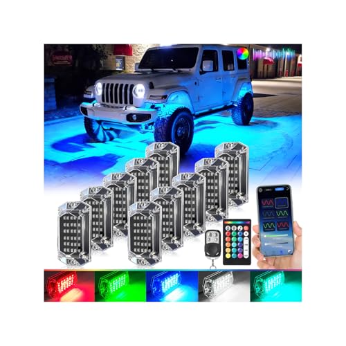 10Pods Full Angle RGB LED Rock Lights Full Kit for Jeep Truck ATV UTV SXS RZR Golf Cart Offroad Pickup,300Chip Waterproof Multicolor Underglow Light with APP/RF Remote, Neon Underbody Accent Light 12V - color: RGB 30LEDs, size: 10Pods