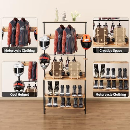 Motorcycle Helmet Holder Floor Mounted Stand, Wall Mount with Helmet Rack, 4 Glove Chips and 4 Hooks, Rustic Helmets Holder and Motorcycle Helmets Rack for Most of Helmet