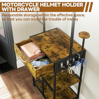 uyoyous Motorcycle Helmet Holder, Helmet Stand, Large Standing Helmet Holder, Metal Motorcycle Helmet Storage Rack with Drawer for Jacket, Hats, Multifunctional Helmet Rack, Motorcycle Accessories
