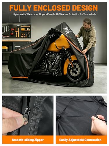 Full Enclosed Motorcycle Cover, 600D Heavy Duty Motorcycle Cover Waterproof with Reflective Strips & Vents, Fits 108" Cruiser, Dirtbike & Touring Motorcycles (Black) - size: 108"-XXXL