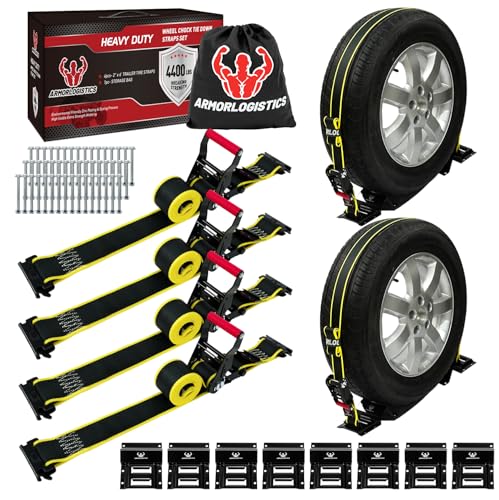 4Pack UTV Wheel Chock Tie-Down Kit, 2 in x 8 ft Heavy Duty Trailer Tire Straps, 4400lb Max Break Strength E Track System for ATV, UTV, SXS, Mower and More (Black) - color: Black, size: 4 Pack