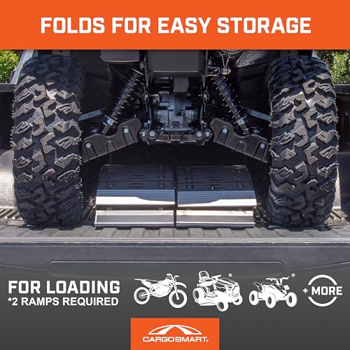 CargoSmart LED Hybrid S-Curve Centerfold Loading Ramp, 1 Pack — 1,500lb Per Pair Capacity, 12” W x 90” L — Aluminum Ramp with Built-in LED Lights, Load/Unload Lawn Equipment, Motorcycles, ATVs & More - style: 1 Folding S-Curve Ramp & LED Lights