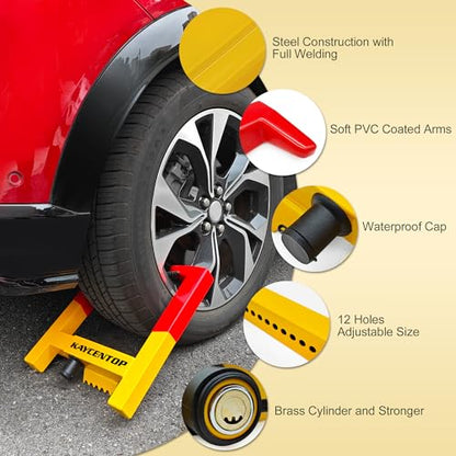 KAYCENTOP Universal Weel Lock Clamp, Wheel Chock Lock, Tire Lock Anti Theft Wheel Lock, Great Deterrent Bright Color, for Trailers SUV Boats Atvs Motorcycles Golf Cart, 3 Keys