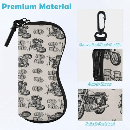 Motorcycle Gloves Beige Print Glasses Case Soft Sunglasses Pouch with Zipper Carabiner Clip, Portable Eyeglass Holder for Men Women, Fits Most Eyewear, Scratch-Resistant (6.7x3.3in)