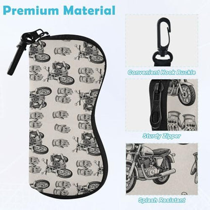Motorcycle Gloves Beige Print Glasses Case Soft Sunglasses Pouch with Zipper Carabiner Clip, Portable Eyeglass Holder for Men Women, Fits Most Eyewear, Scratch-Resistant (6.7x3.3in)