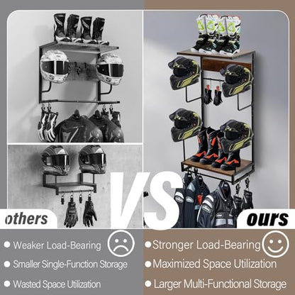 Motorcycle Helmet Rack, Wall Mount with 4 Glove Chips, 10 Hooks and Rustic Finish for Multiple Helmets and Clothes