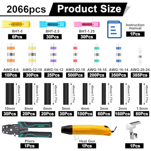 2066Pcs Heat Shrink Solder Seal Wire Connectors Kit with Heat Gun and Wire Stripper Crimping Tool, Waterproof Heat Shrink Wire connectors Electrical Wire Terminals for Marine Electrical - size: 2066Pcs with Heat Gun