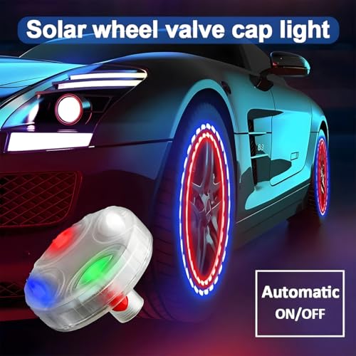 4PCS Car Tire Wheel Lights, Solar Energy Motion Sensors Colorful Vehicle LED Tyre Valve Cap Lamp, Waterproof Auto Tire Light Gas Nozzle, Universal for Motorcycle Bicycle Truck