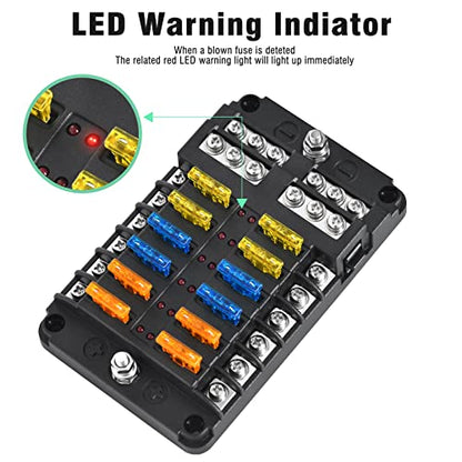 12-Way Marine Fuse Block,Waterproof 12v Fuse Block with LED Indicator for 12V/24V Automotive Golf Cart Truck Car Boat Marine RV Motorcycle - style: 12-Way