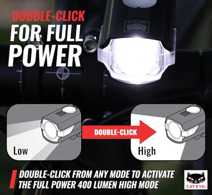 CATEYE AMPP USB Rechargeable Bike Light – High Visibility Super Bright OptiCube™ Headlight for Commuters, Road Cyclists & Mountain Bikers, Day & Night Riding Modes, IPX4 Waterproof, Tough & Durable - style: Ampp400s